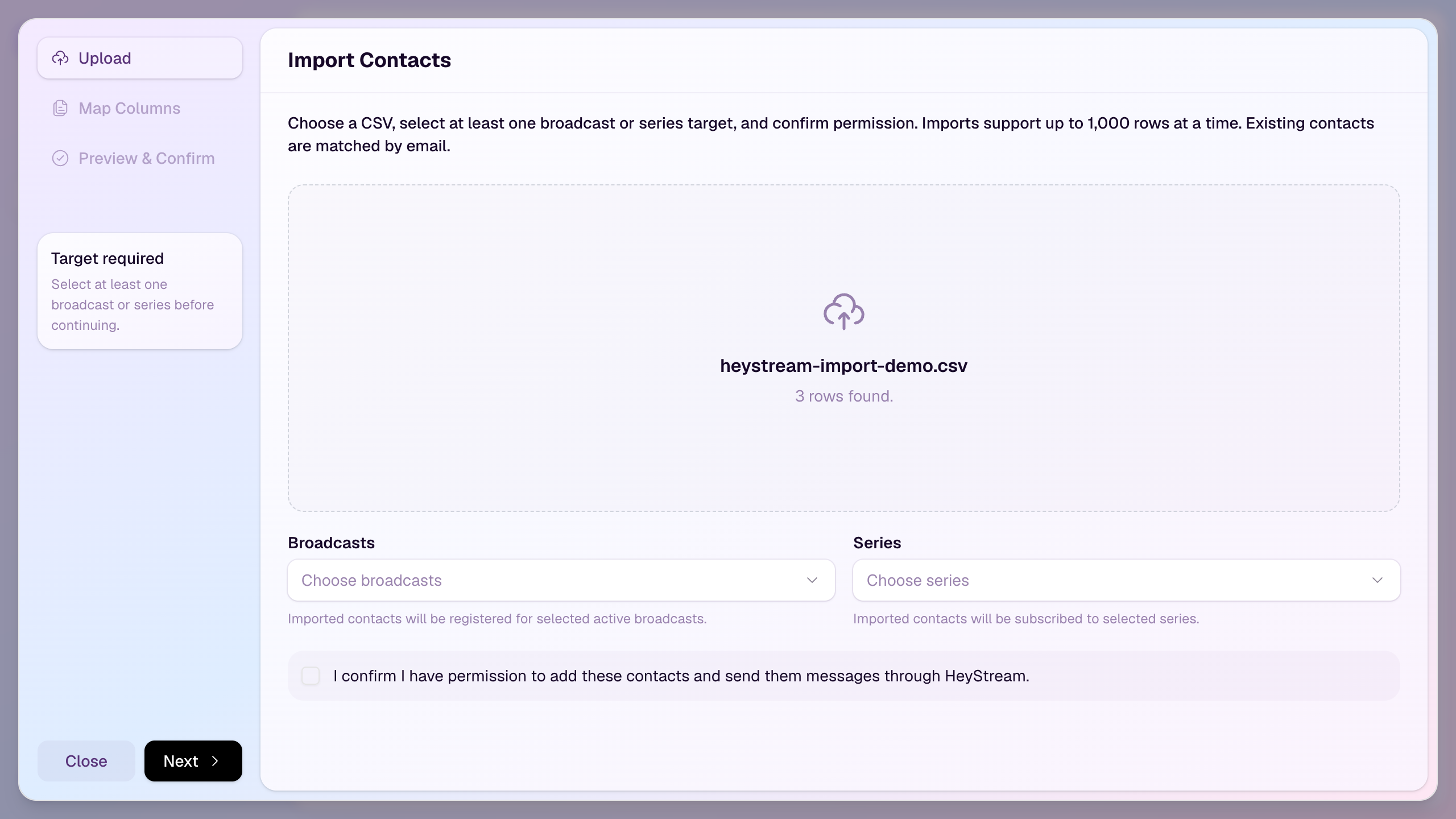 HeyStream's Import Contacts dialog shows the selected CSV, broadcast and series targets, and permission confirmation.