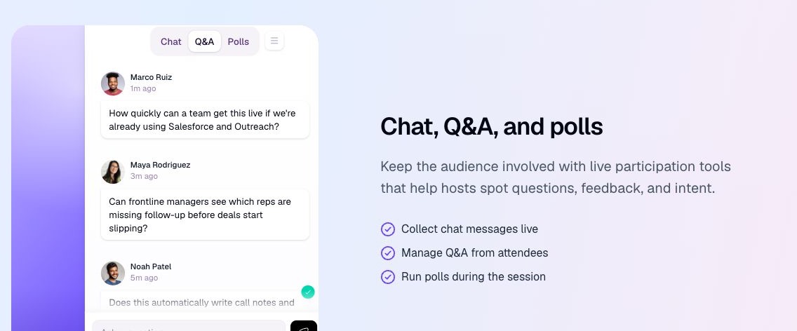 HeyStream webinar watch page showing live chat, moderated Q&A, and a poll.
